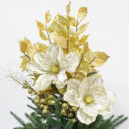KI Store Christmas Poinsettia Artificial Velvet Magnolia Flower White and Gold Floral Picks Stems for Christmas Tree Decoration Pack of 6 for Xmas Tree Wedding Centerpiece