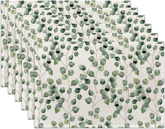 Eucalyptus Green Sage Placemats Set of 6,Washable Heat Resistant 12×18 Inch Linen Table Mats Spring Leaves Place Mats for Party Outdoor Dining Décor