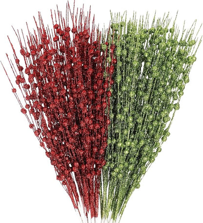 Geosar 30 Pcs Christmas Artificial Glitter Berry Stem Decorations 17 Inch Faux Stick Floral Pick Centerpiece Bouquet Flower Bead Twigs for Centerpiece Tree Wreath Xmas Ornaments Home(Green and Red)