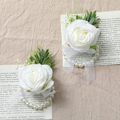 2pcs Wedding White Rose Wrist Flowers Artificial Rose Flowers for Ceremony Prom Party Accessories (2 Wrist Corsage White)