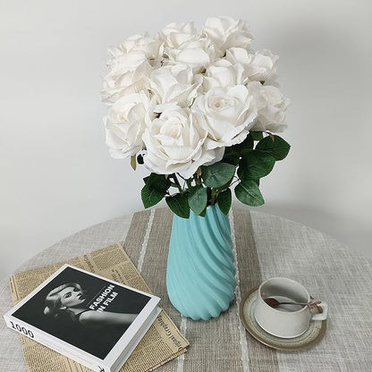 ATFL Fake White Roses Artificial Flowers Bulk,Floral Diameter 4'',20 Pcs Artificial Silk Roses Flowers with Stems for Wedding Arrangement Centerpieces Party Home Table Decorations (20, White)