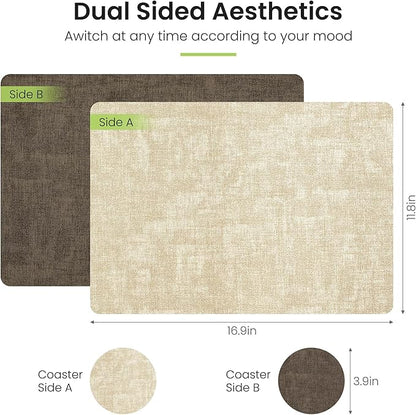 Placemats Set of 4, Faux Leather Heat Resistant Wipeable Placemats, Dual Sided Waterproof Washable Table Mats with Coaster, Suitable for Kitchen, Dining, Table Decor (4, Beige Dark Coffee)