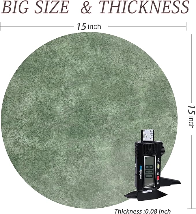 PU Leather Placemats Set of 6,15 Inches Round Washed Cowhide Pattern Table Mats for Dining Table, Kitchen, Party Decoration(Retro Green)