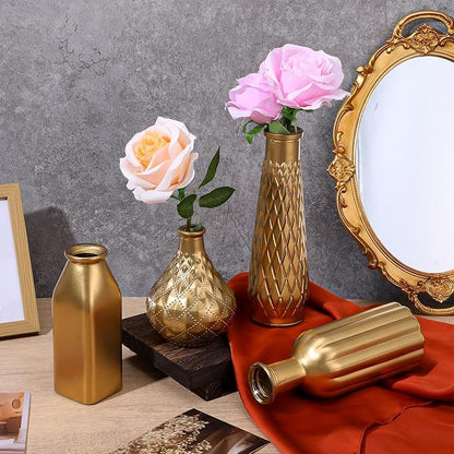 Set of 4 Gold Bud Vases - Small Gold Vases for Centerpieces, Elegant Glass Decorative Bud Vase for Wedding, Home, Table Decor with Vintage Golden Finish