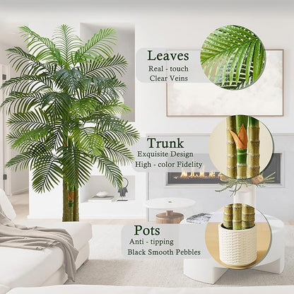 Artificial Golden Cane Palm Tree：6T Fake Large Tropical Areca Palm Trees Tall Faux Silk Plant in White Pot with Realistic Triple Textured Trunks for Office Outdoor Home Decor Hotel Patio Lobby