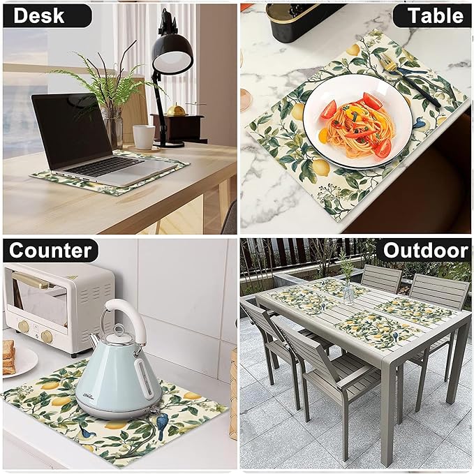 Lemon Placemats Set of 4 Washable Table Mats Summer Yellow Lemonade Stand Heat-Resistant Cotton Linen Place Mats for Dining Table Kitchen Indoor Outdoor Party Holiday Décor