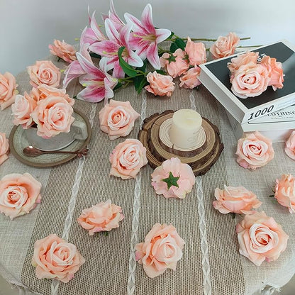 Artificial Satin Rose Flower Heads,48 Pcs Silk Rose Heads with Stems,3.3'' Rose Artificial Flowers Bulk,Artificial Rose Flower Heads for DIY Crafts Bouquet (48, Blush)