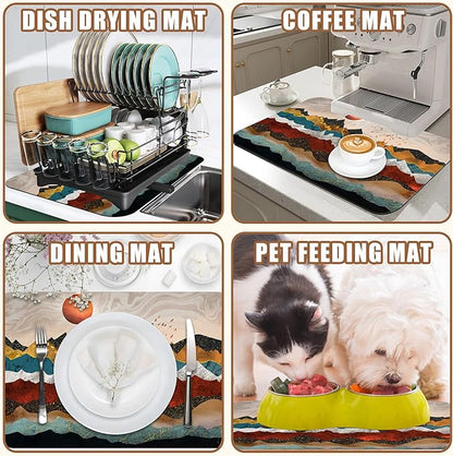 Abstract Golden Mountains Coffee Mat Absorbent Dish Drying Mat for Kitchen Counter Hide Stain Rubber Backed Coffee Bar Accessories Fit Under Espresso Machine Dish Drainer, 15.7 x 23.6 Inch