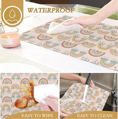Rainbow Heart Placemats,Boho Whimsical Table Mats Set of 6,12x18 Inch,Waterproof Oil-Proof Washable and Reusable Linen placemats Holiday Party Kitchen Table Decorations