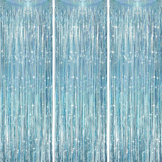 3 Pack 3.3 x 8.2 ft Laser Blue Foil Fringe Backdrop Curtains, Tinsel Streamers Party Decorations, Fringe Backdrop