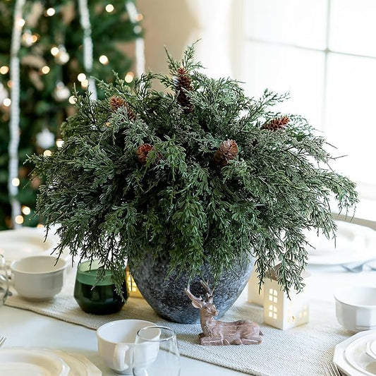 Cedar Stems Artificial Norfolk Pine Branches for Christmas Decor, 12 PCS Fake Pine Stems with 5 PCS Big Pine Cones Branches Realistic Fake Plants Faux Greenery for Vases DIY Garland Xmas Table Indoor
