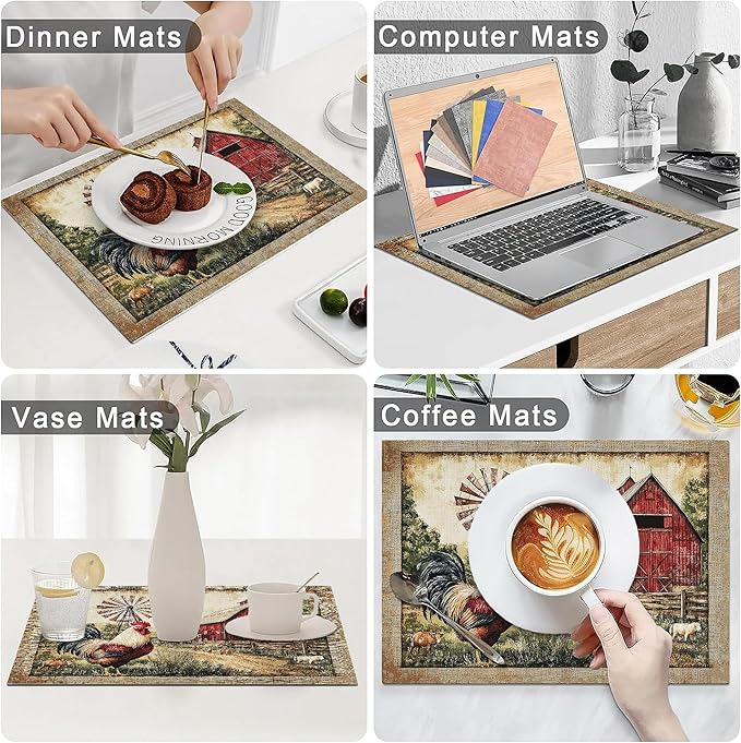 Retro Chicken Placemats Set of 4 Washable Table Farmhouse Rooster Heat-Resistant Cotton Linen Place Mats for Dining Table Kitchen Indoor Outdoor Party Holiday Decor