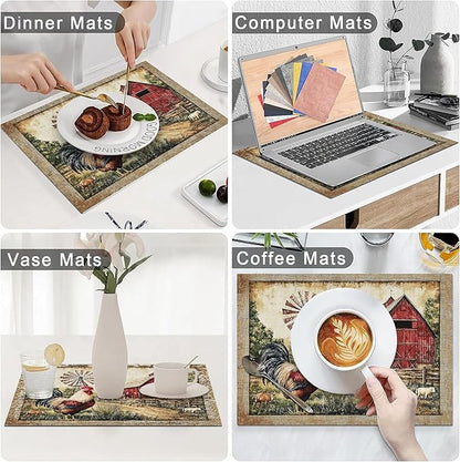 Retro Chicken Placemats Set of 4 Washable Table Farmhouse Rooster Heat-Resistant Cotton Linen Place Mats for Dining Table Kitchen Indoor Outdoor Party Holiday Decor
