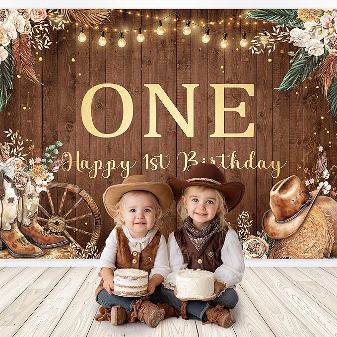 SVBright Western Cowgirl First Birthday Backdrop 7Wx5H One Year Old Retro Pampas Grass Country Flower West Rustic Wooden Boots Hat Decorations Photography Background Banner Photo Booth Studio