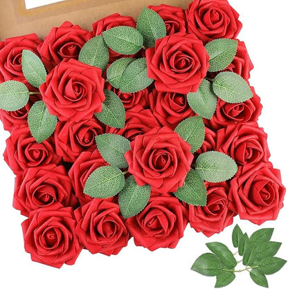 AmyHomie Artificial Flowers Red Rose 50pcs Real Looking Fake Roses w/Stem for DIY Wedding Bouquets Centerpieces Arrangements Party Baby Shower Valentines Day Christmas Tree Decorations