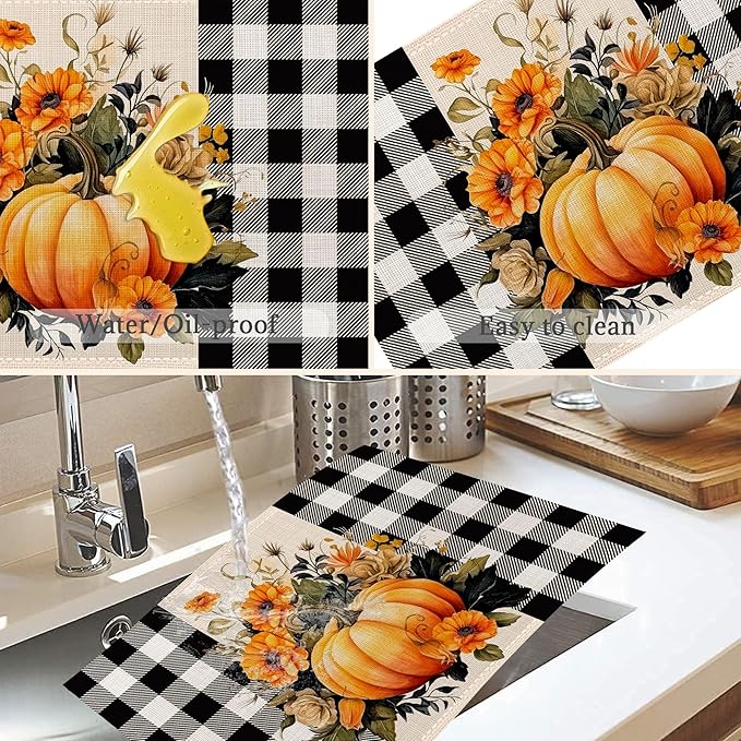Pumpkin Plaid Placemats Set of 6,Washable Heat Resistant 12×18 Inch Linen Table Mats Fall Place Mats for Party Outdoor Dining Décor