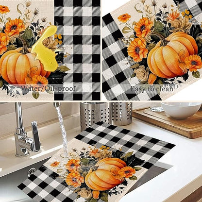 Pumpkin Plaid Placemats Set of 6,Washable Heat Resistant 12×18 Inch Linen Table Mats Fall Place Mats for Party Outdoor Dining Décor