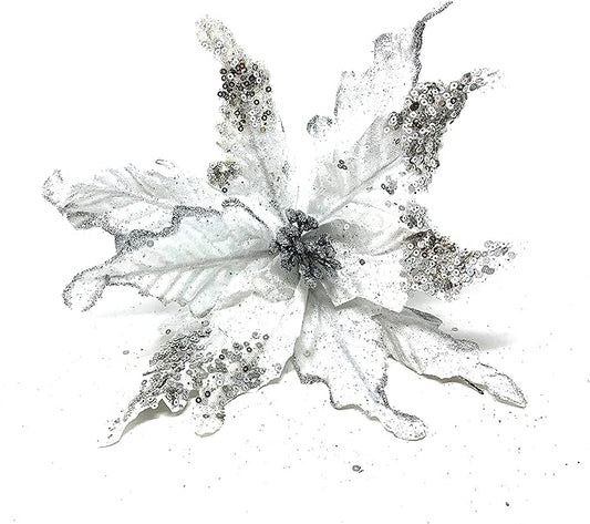 allgala 6-PK Glitter and Sequin Decorated Fabric Poinsettia Artificial Christmas Flower with Clips-Silver-XF93302