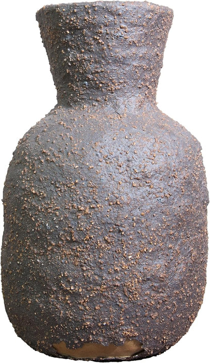 Rustic Textured Clay Vase - 7IN Round Ceramic Vase Vintage Farmhouse Style Decor, Circle Wabi Sabi Vases for Farmhouse Home Decor, Decor Living Room, Table, Shelf (brown2)