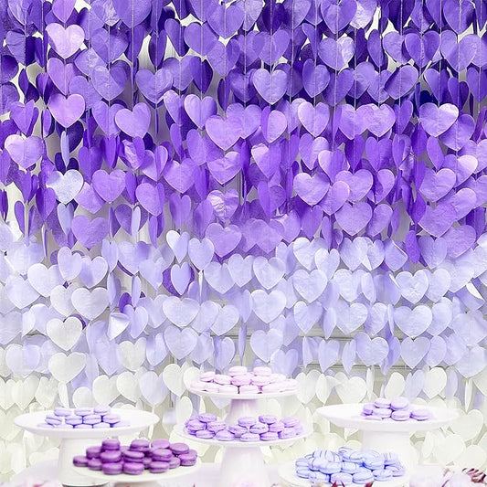 205Ft Lavender Party Decoration Ombre Purple White Heart Backdrop Streamer Tissue Paper Heart Hanging Garland for Birthday Valentines Day Bachelorette Wedding Bridal Shower Lilac Violet Party Supplies
