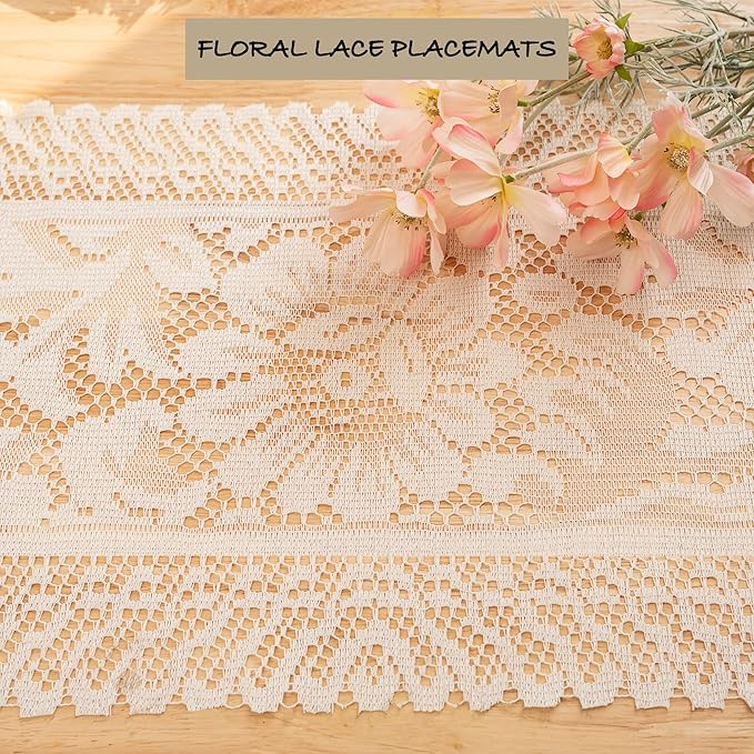 Jayla 4 Pcs Rectangle Lace Placemats for Tables Embroidered Lace Tablemats Vintage Crochet Floral Table Runner Vintage Wedding, Tea Party Decor,12x17 Inch