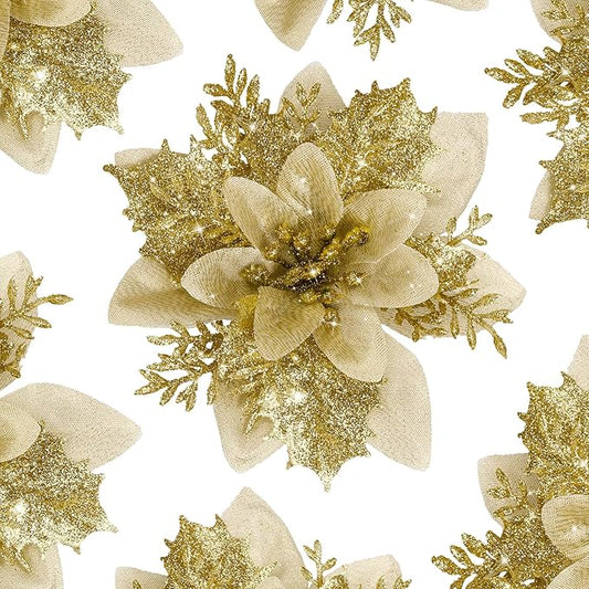 24 PCS Poinsettia Flower Artificial Gold Christmas Flowers Artificial 5.5'' Glitter Poinsettias Artificial Christmas Tree Flower with Clips DIY Xmas Wreath Holiday New Year Home Party Decor