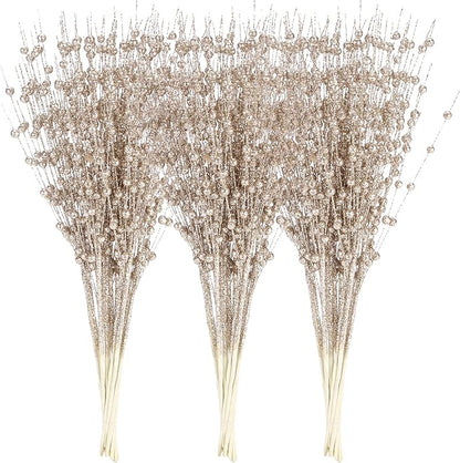 Sea Team 24-Pack Artificial Glitter Berry Stem Ornaments, Decorative Bead Sticks, Glittery Twigs, Picks, Branches for Christmas Tree, Small Vase, Holiday, Wedding, Party (17 Inches, Champagne)