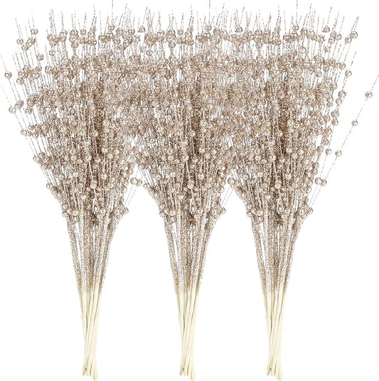 Sea Team 24-Pack Artificial Glitter Berry Stem Ornaments, Decorative Bead Sticks, Glittery Twigs, Picks, Branches for Christmas Tree, Small Vase, Holiday, Wedding, Party (17 Inches, Champagne)