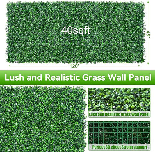 EverNture 48"x120"(40 SQFT) Grass Wall Panels, Artificial Grass Backdrop, Fake Greenery Plant Boxwood Roll with Flower, Green Wall Decor for Outdoor Indoor Patio Garden Backyard