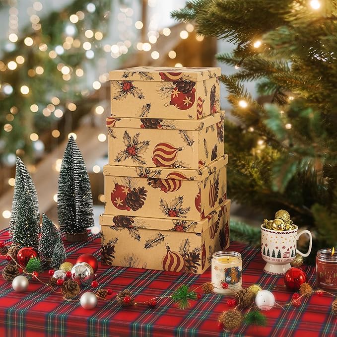 Soul & Lane Christmas Kraft Square Decorative Boxes with Lids - Set of 4 - Retro Cozy Christmas, Reusable Large Nesting Holiday Gift Boxes for Presents and Décor