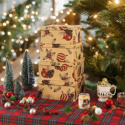 Soul & Lane Christmas Kraft Square Decorative Boxes with Lids - Set of 4 - Retro Cozy Christmas, Reusable Large Nesting Holiday Gift Boxes for Presents and Décor