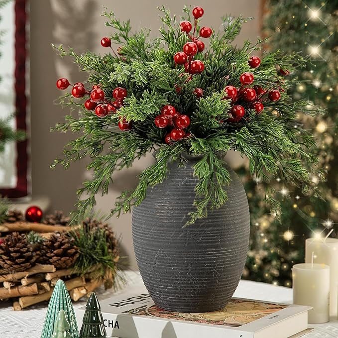 8 Inch Ceramic Black Vase -Rustic Flower Decorative Vases for Home Decor- Vintage Pottery VaseTerracotta Vase for Christmas, Farmhouse House Shelf Decor Farmhouse Table, Lyeec