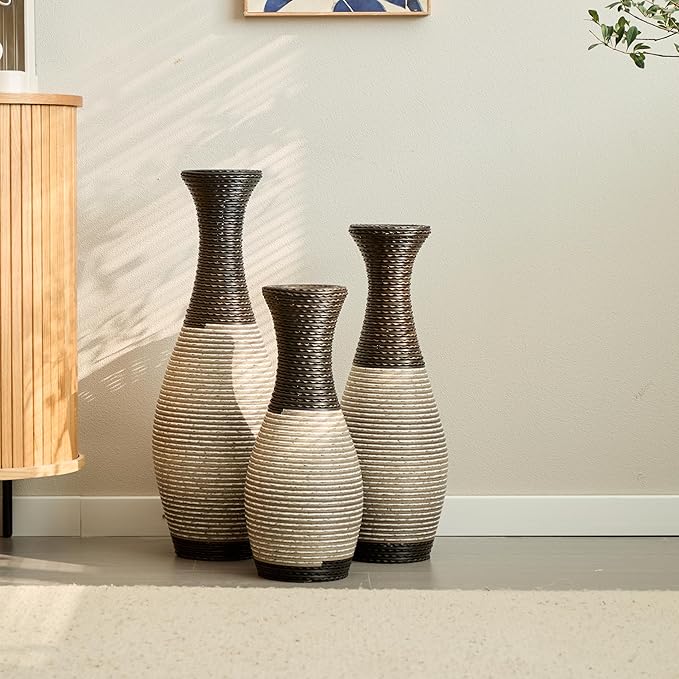 Floor PVC Decorated Vases Set of 3 for Gorgeous Home Decoration Large Classic Neat PVC Vase 19.6in/23.6in/27.5in Height(Black+White)