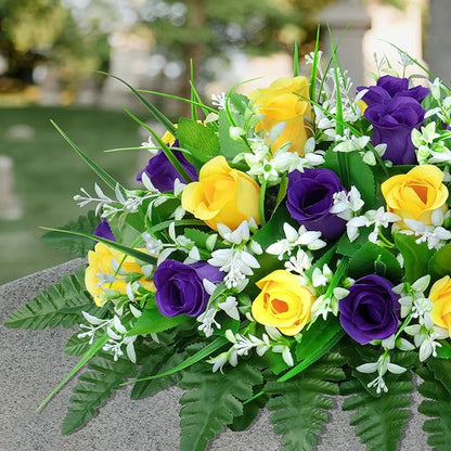 Artificial Cemetery Flowers Saddle-Shaped Tombstone Decorations Non-Fading UV-Resistant（ Yellow+Purple Saddle）