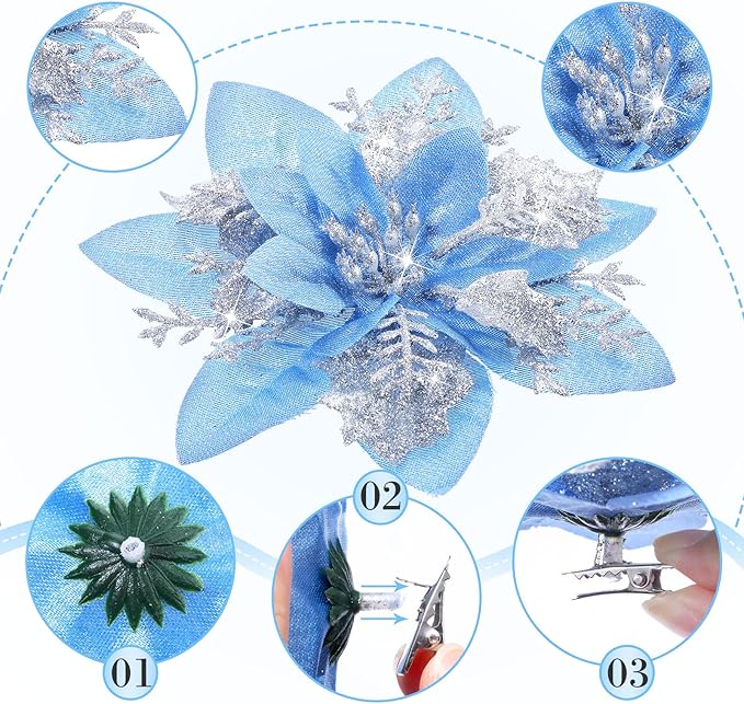 Geosar 36 Pcs Christmas Glitter Artificial Poinsettia Flowers Xmas Poinsettia Artificial Wedding Flowers Decorations Xmas Tree Ornaments with Clips for Party, 6 Inch, 4 Inch, 3 Inch(Silver and Blue)