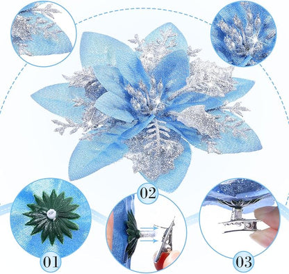 Geosar 36 Pcs Christmas Glitter Artificial Poinsettia Flowers Xmas Poinsettia Artificial Wedding Flowers Decorations Xmas Tree Ornaments with Clips for Party, 6 Inch, 4 Inch, 3 Inch(Silver and Blue)