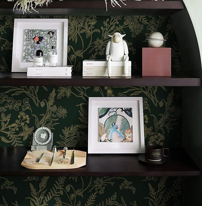 Peel and Stick Wallpaper Dark Green and Gold Floral Wallpaper Vintage Flower and Leaf Contact Paper for Cabinets Self-Adhesive Removable Wallpaper for Bedroom Bathroom Kitchen 394"x17.3"
