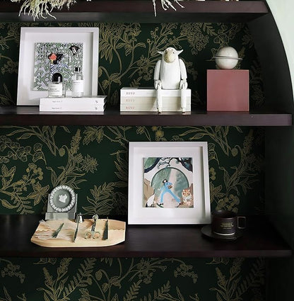 Dark Green and Gold Wallpaper Floral Peel and Stick Wallpaper Vintage Flower and Leaf Contact Paper for Cabinets Self-Adhesive Removable Wallpaper for Bedroom Bathroom Kitchen 118"x17.3"