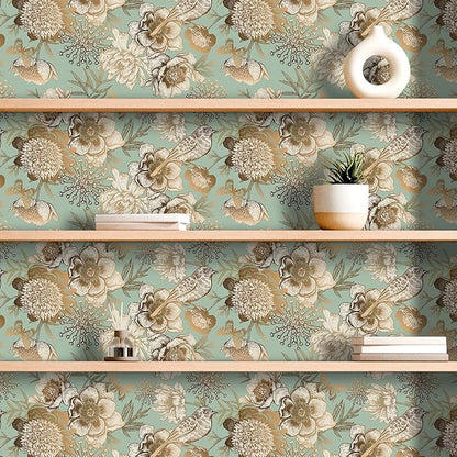 Decotalk Green Floral Wallpaper Floral Peel and Stick Vintage Flowers Wall Paper for Bedroom Bathroom 17.5"x120" Green/Gold Wall Paper Florals Flower Bird Wallpaper Removable Flower Cover Vinyl