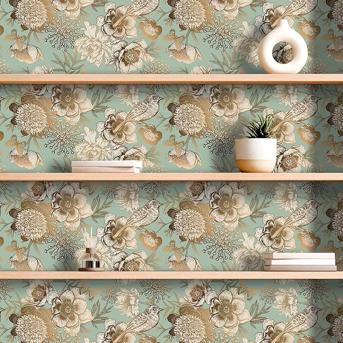 Decotalk Peel and Stick Floral Wallpaper Green Floral Flower Wallpaper Removable17.5x354 Inch Floral Wallpaper for Bedroom Bathroom Wall Green and Gold Vintage Floral Wallpaper Contact Paper Floral