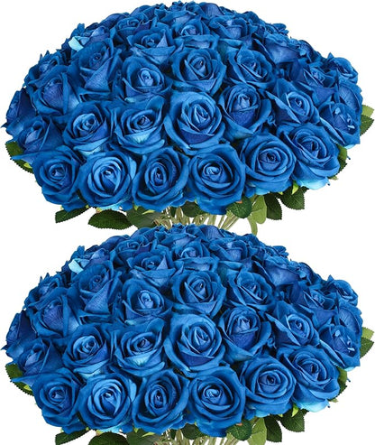 50 PCS Fake Blue Roses, Artificial Blue Flowers Realistic Silk Faux Rose with Stems for Wedding Decorations Romantic Gifts Anniversary Celebration Bridal Bouquets DIY Floral Arrangement Home Decor
