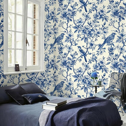 Floral Peel and Stick Vintage Animal Wallpaper Blue Bird Removable Botanical Leaf 17.7" x 118.11" Wall Paper Watercolor Self Adhesive Contact Paper for Classroom Bedroom Laundry Room Bathroom