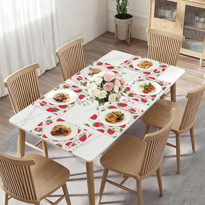 Cute Strawberry Placemat Set of 6,Heat Resistant Linen Table Mats for Indoor Outdoor Home Kitchen Dining Room Table 12x18Inch
