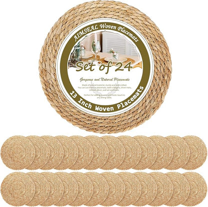 13 Inch Woven Placemats Set of 24, Rustic Round Placemat for Dining Table, Boho Jute Chargers for Dinner Plates, Christmas Farmhouse Holiday Decor, Water Hyacinth Wicker Rattan Braided Place Mats