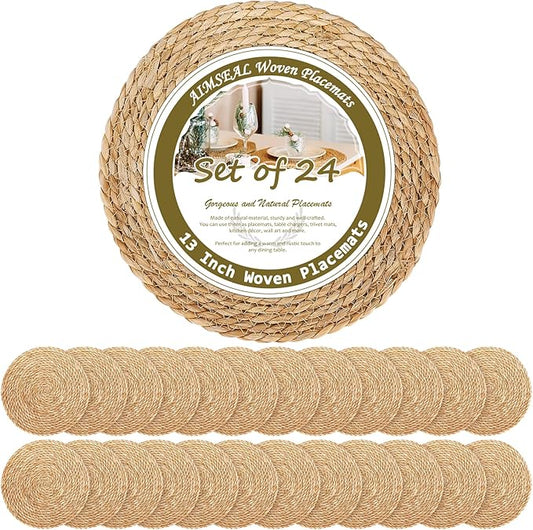 13 Inch Woven Placemats Set of 24, Rustic Round Placemat for Dining Table, Boho Jute Chargers for Dinner Plates, Christmas Farmhouse Holiday Decor, Water Hyacinth Wicker Rattan Braided Place Mats