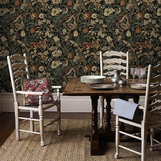 Erfoni 17.3" x 354" Bird Floral Peel and Stick Wallpaper Vintage Contact Paper for Livingroom Floral and Leaf Self Adhesive Wall Paper Retro DIY Removable Decorative Wallpaper Vinyl Roll Dark