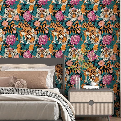 Tiger Stick and Peel Wallpaper Vintage Floral Contact Paper Retro Boho Leaf Wall Paper Removable Renter Friendly Wall Decor for Bathroom Backsplash Drawer Cabinet 17.5 x 393.5In