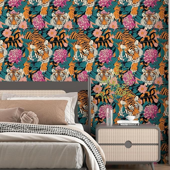 Tiger Wallpaper Peel and Stick Vintage Floral Contact Paper Retro Boho Leaf Wall Paper Removable Waterproof Renter Friendly Wall Decor for Bedroom Countertop Desk Cabinet 17.5 x 118In