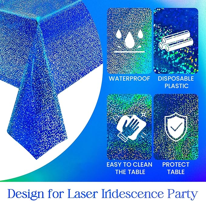 4 pcs Royal Blue Holographic Party Tablecloth 40" x 108" Iridescence Plastic Table Cloth Navy Blue Sparkly Table Covers for Graduation 4th of July Birthday Winter Christmas Party Decoration