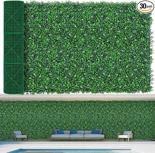 EverNture 48"x120"(40 SQFT) Grass Wall Panels, Artificial Grass Backdrop, Fake Greenery Plant Boxwood Roll with Flower, Green Wall Decor for Outdoor Indoor Patio Garden Backyard